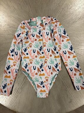 F4A Kids Long-Sleeve One-Piece Swimsuit - White with Coral, Mint & Navy Print